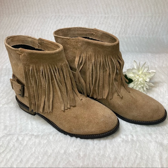 Divided H&M Fringed Ankle Bootie Buckle Genuine Leather Light Brown - Picture 2 of 8